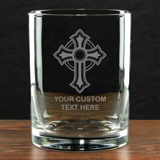 Ornate Christian Cross Personalized 14 oz. Double Old Fashioned Glass