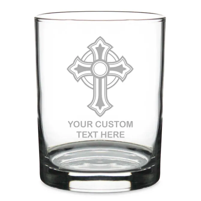 Ornate Christian Cross Personalized 14 oz. Double Old Fashioned Glass