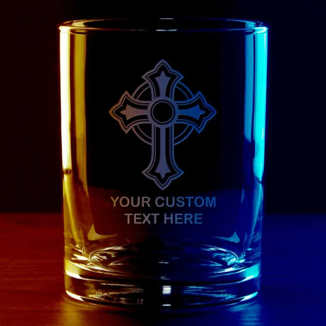 Ornate Christian Cross Personalized 14 oz. Double Old Fashioned Glass