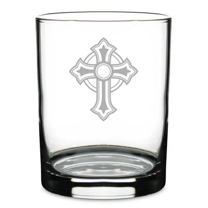 Ornate Christian Cross Personalized 14 oz. Double Old Fashioned Glass