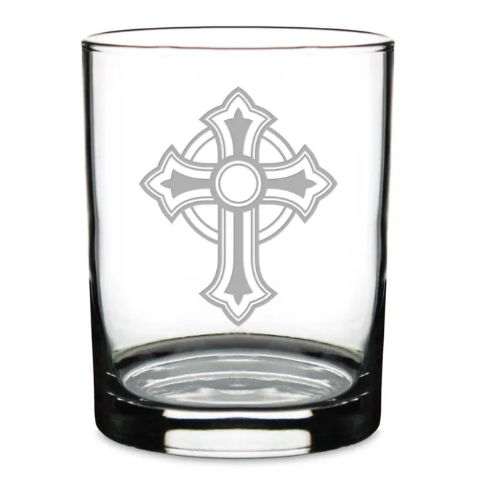 Ornate Christian Cross Personalized 14 oz. Double Old Fashioned Glass