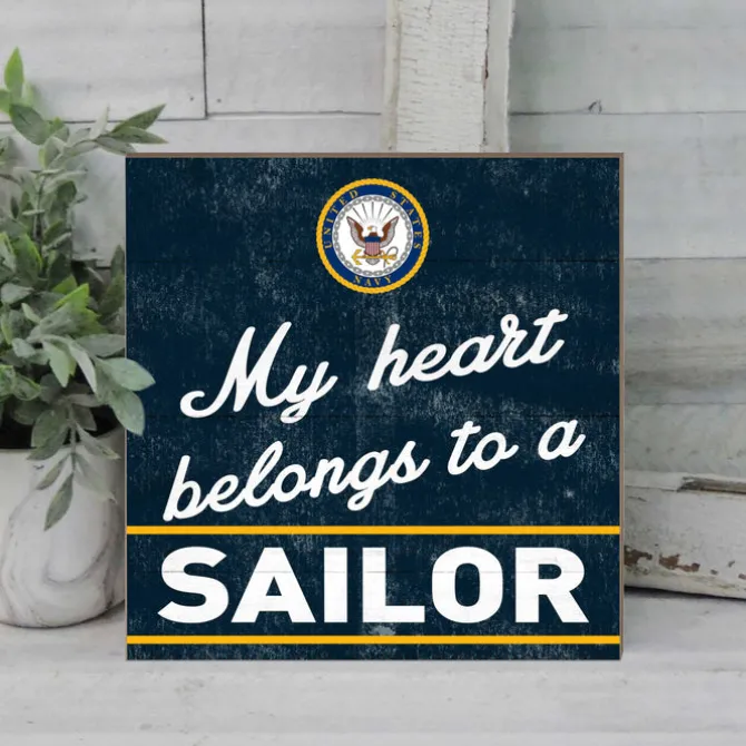 U.S. Navy My Heart Belongs To A Sailor 10 x 10 inch Wood Sign