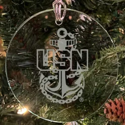U.S. Navy 'Pick Your Design' 3" Round Etched Glass USN Christmas Tree Ornament