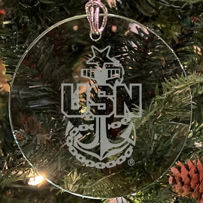 U.S. Navy 'Pick Your Design' 3" Round Etched Glass USN Christmas Tree Ornament
