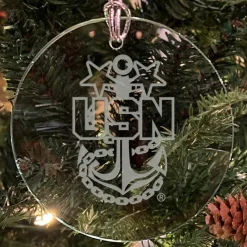 U.S. Navy 'Pick Your Design' 3" Round Etched Glass USN Christmas Tree Ornament