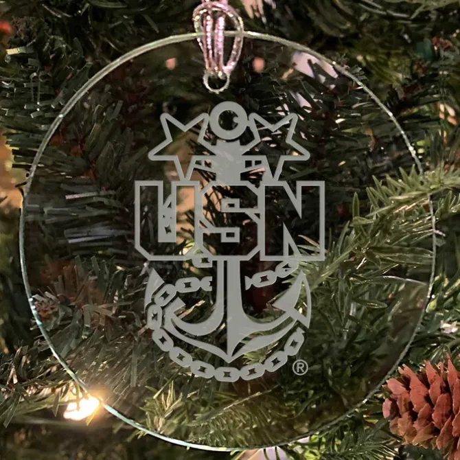 U.S. Navy 'Pick Your Design' 3" Round Etched Glass USN Christmas Tree Ornament