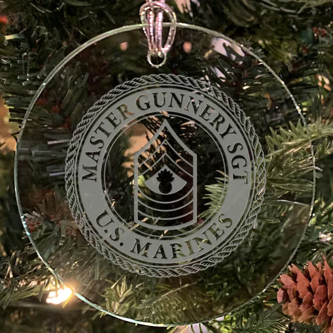 USMC 'Pick Your Design' 3" Round Etched Glass Christmas Tree Ornament