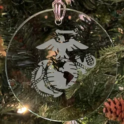 USMC 'Pick Your Design' 3" Round Etched Glass Christmas Tree Ornament