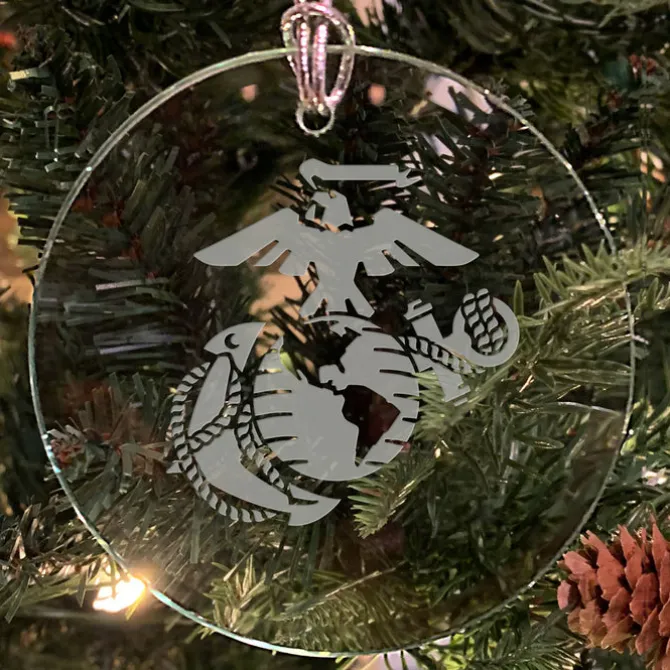 USMC 'Pick Your Design' 3" Round Etched Glass Christmas Tree Ornament