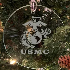 USMC 'Pick Your Design' 3" Round Etched Glass Christmas Tree Ornament
