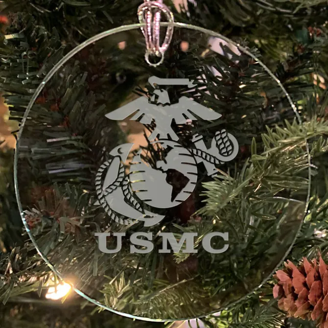 USMC 'Pick Your Design' 3" Round Etched Glass Christmas Tree Ornament