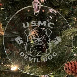 USMC 'Pick Your Design' 3" Round Etched Glass Christmas Tree Ornament