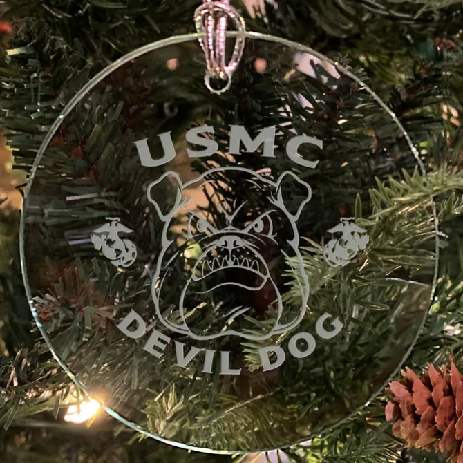 USMC 'Pick Your Design' 3" Round Etched Glass Christmas Tree Ornament