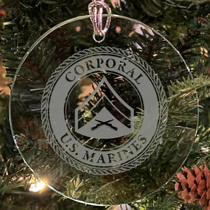 USMC 'Pick Your Design' 3" Round Etched Glass Christmas Tree Ornament
