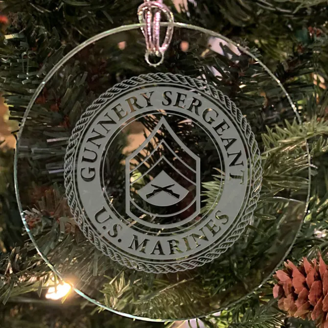 USMC 'Pick Your Design' 3" Round Etched Glass Christmas Tree Ornament